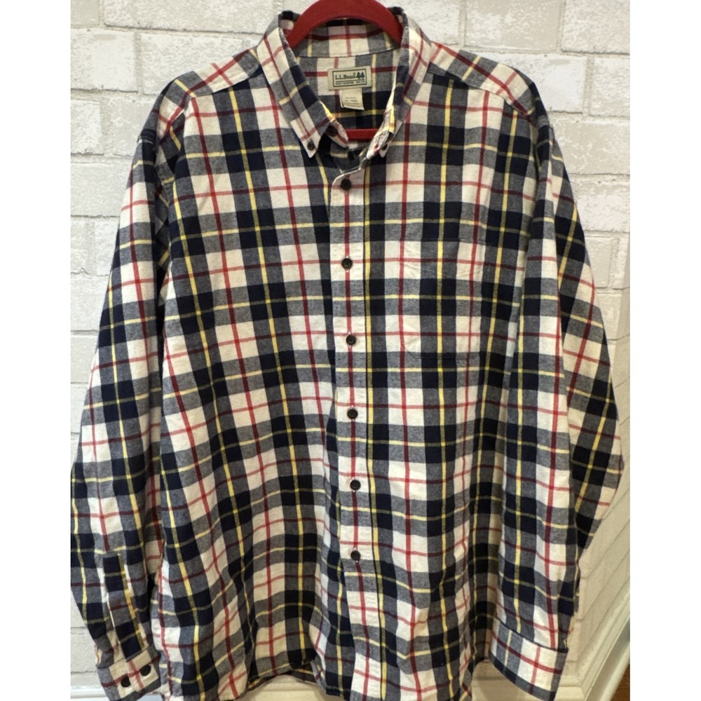 Men's L.L. Bean Blue Yellow Red Plaid Flannel Button Long Sleeve Shirt Large